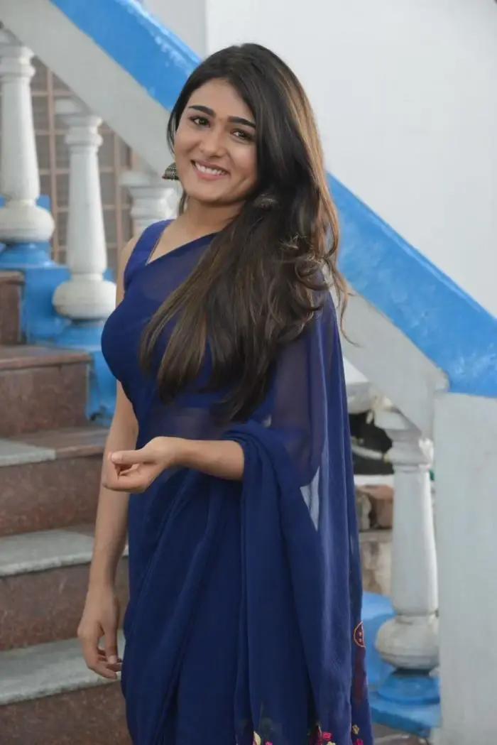 Indian Actress Shalini Pandey In Blue Saree At Telugu Movie Opening